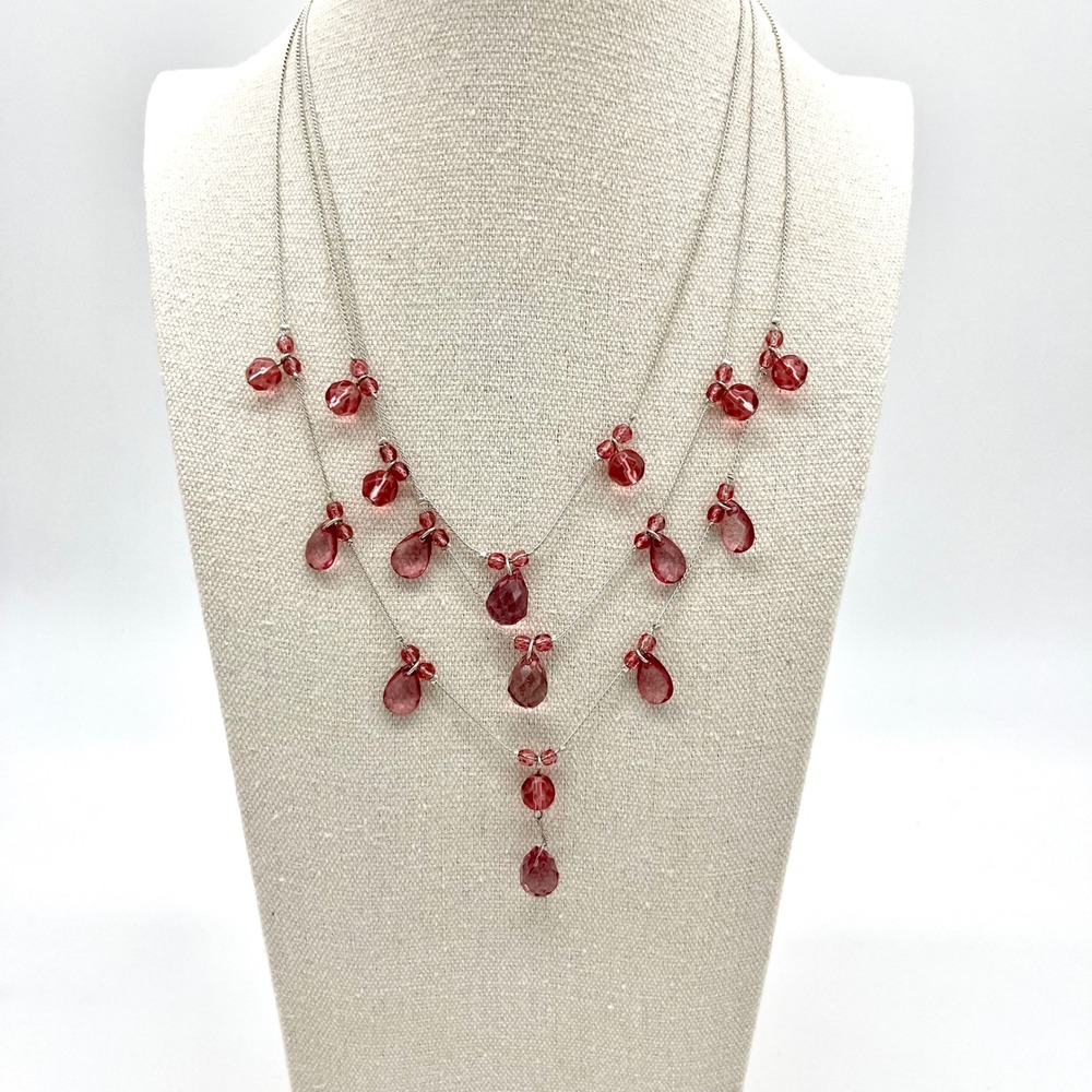 Layered Necklace‎ Pink Crystal Drop Dangle Silver Tone Chain Fashion Jewelry